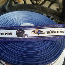 Load image into Gallery viewer, NFL Baltimore Ravens Ribbon. In 7/8" and 1.5" NFL Football Ribbon Sports Team Ribbon