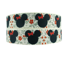 Load image into Gallery viewer, 1" Minnie Mouse with Red Bows and Red Flowers Grosgrain Ribbon. Holiday Ribbon