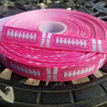 Load image into Gallery viewer, 7/8" Pink Football Ball Design Grosgrain Ribbon. NFL Football Sports Ribbon. College Football University Football. Football Party Themed