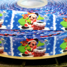 Load image into Gallery viewer, 7/8" Christmas Santa Mickey Going down the Chimney. Santa Hat and gifts adorable. Grosgrain Ribbon.