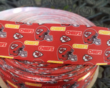 Load image into Gallery viewer, 1.5" Kansas City Chiefs Football Grosgrain Ribbon. Football Ribbon, NFL Sports Ribbon. KC Ribbon