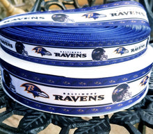 Load image into Gallery viewer, NFL Baltimore Ravens Ribbon. In 7/8" and 1.5" NFL Football Ribbon Sports Team Ribbon