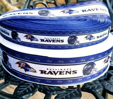 Load image into Gallery viewer, NFL Baltimore Ravens Ribbon. In 7/8" and 1.5" NFL Football Ribbon Sports Team Ribbon