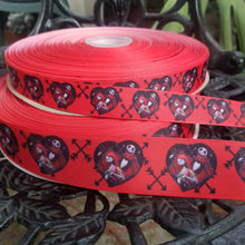 Load image into Gallery viewer, Jack and Sally Grosgrain Ribbon. 7/8" and 1.5" Jack Skellington Halloween Nightmare Before Christmas Ribbon.