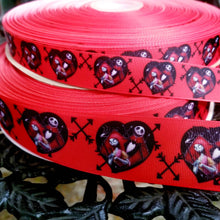 Load image into Gallery viewer, Jack and Sally Grosgrain Ribbon. 7/8" and 1.5" Jack Skellington Halloween Nightmare Before Christmas Ribbon.