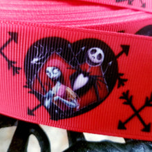 Load image into Gallery viewer, Jack and Sally Grosgrain Ribbon. 7/8" and 1.5" Jack Skellington Halloween Nightmare Before Christmas Ribbon.