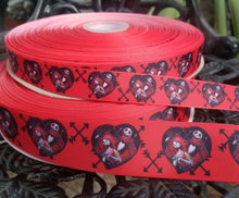 Load image into Gallery viewer, Jack and Sally Grosgrain Ribbon. 7/8" and 1.5" Jack Skellington Halloween Nightmare Before Christmas Ribbon.