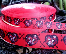 Load image into Gallery viewer, Jack and Sally Grosgrain Ribbon. 7/8" and 1.5" Jack Skellington Halloween Nightmare Before Christmas Ribbon.