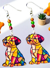 Load image into Gallery viewer, Dog Earrings. Stained Glass Design Earrings. Puppy Earrings

