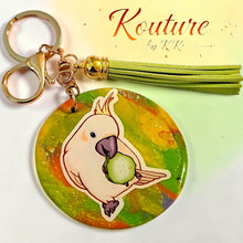 Load image into Gallery viewer, Handmade Cockatoo Hand-Sculpted Polymer Clay Keychain with Resin Overlay — Bird Keychain
