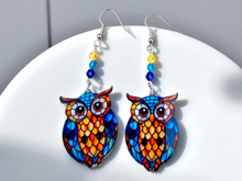 Load image into Gallery viewer, OWL EARRINGS. Barn Owl. Stained Glass Owl Earrings. Art Deco Earrings. Owl Jewelry
