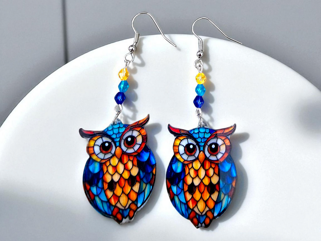 OWL EARRINGS. Barn Owl. Stained Glass Owl Earrings. Art Deco Earrings. Owl Jewelry