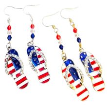 Load image into Gallery viewer, Patriotic Flip Flop Earrings | 4th of July USA Flag Rhinestone Dangle Earrings | Silver or Gold
