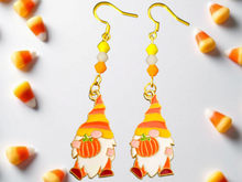 Load image into Gallery viewer, Gnome Earrings. Candy Corn Gnome Earrings. Pumpkin Earrings. Fall Jewelry. Thanksgiving Earrings
