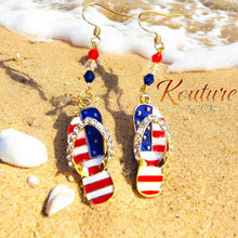 Load image into Gallery viewer, Patriotic Flip Flop Earrings | 4th of July USA Flag Rhinestone Dangle Earrings | Silver or Gold
