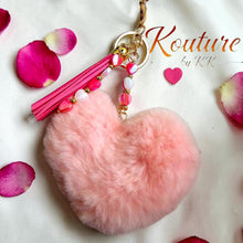 Load image into Gallery viewer, Pink Fluffy Heart Pom Pom Keychain with Tassel &amp; Heart Beads | Kouture by KK
