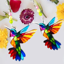 Load image into Gallery viewer, Hummingbird Earrings. Hummingbird Jewelry. Stained Glass Design Earrings. Bird Earrings. Bird Jewelry Sterling Silver Hooks
