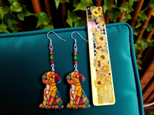 Load image into Gallery viewer, Dog Earrings. Stained Glass Design Earrings. Puppy Earrings
