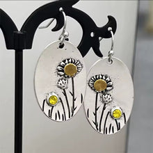 Load image into Gallery viewer, Flower Earrings. Rustic Earrings. Bohemian Metal Flower Earrings. Plant Jewelry. Flower Jewelry. Micron Natural Mineral Yellow Stone.

