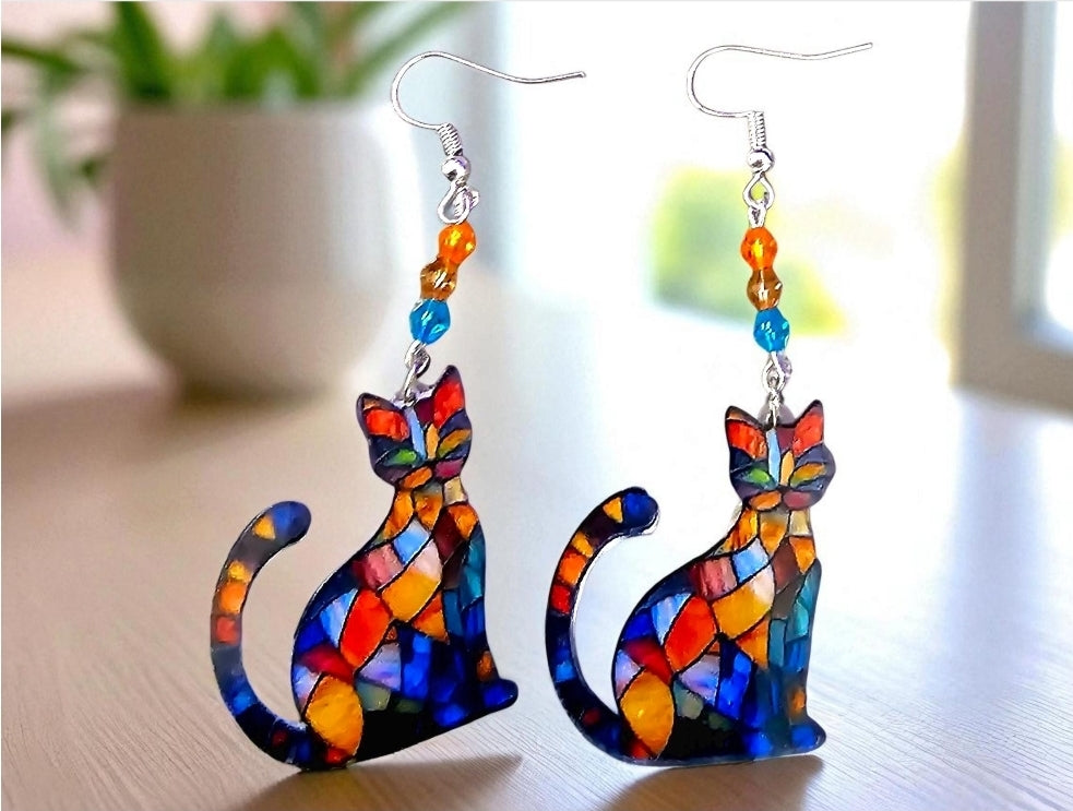 Cat Earrings. Stained Glass Earrings. Stained Glass Cat  Earrings. Animal Earrings.
