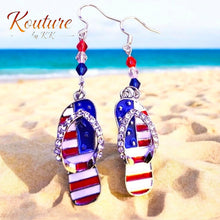 Load image into Gallery viewer, Patriotic Flip Flop Earrings | 4th of July USA Flag Rhinestone Dangle Earrings | Silver or Gold
