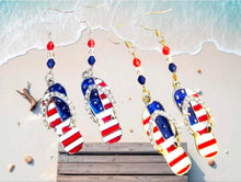 Load image into Gallery viewer, Patriotic Flip Flop Earrings | 4th of July USA Flag Rhinestone Dangle Earrings | Silver or Gold
