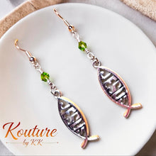 Load image into Gallery viewer, Jesus Fish Earrings | Silver Christian Ichthys Dangle Earrings with Green Crystal Beads | Sterling Silver Hooks
