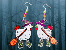 Load image into Gallery viewer, Halloween Chicken Earrings. Halloween Earrings. Chicken Witch Earrings. Chicken Dangle Feet Earrings. Witch Jewelry. Chicken Jewelry

