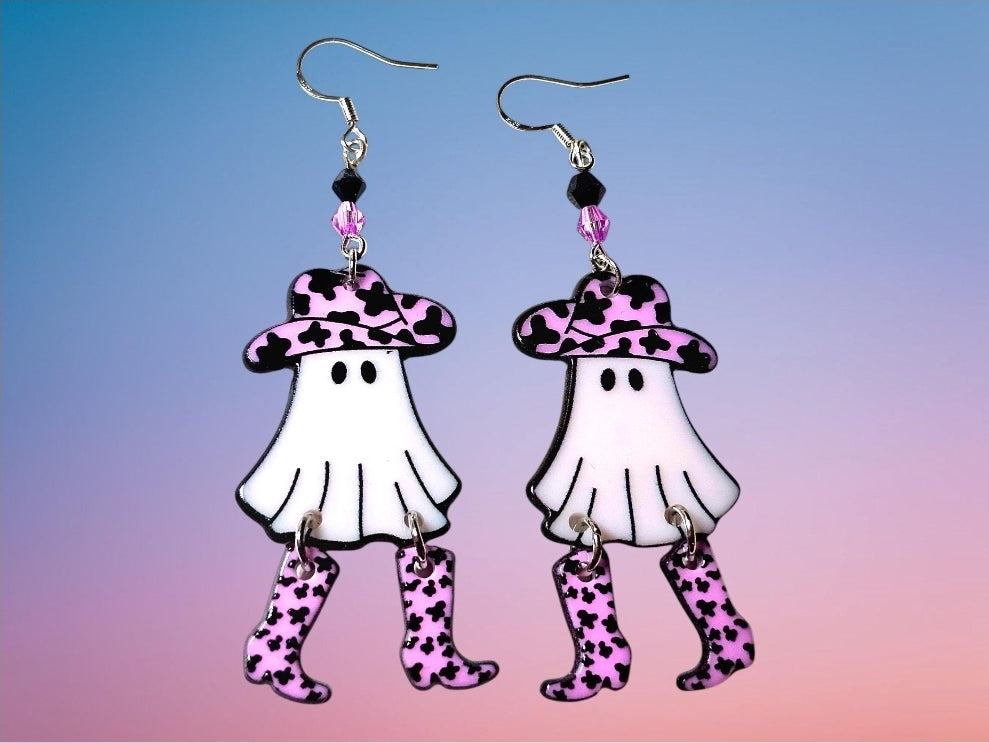 Halloween Ghost Earrings. Cowboy Ghost Earrings. Dangle Boot Earrings. Spooky Funny Earrings. Halloween Jewelry. Ghost Jewelry