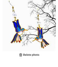 Load image into Gallery viewer, Hummingbird Earrings. Hummingbird Jewelry. Stained Glass Design Earrings. Bird Earrings. Bird Jewelry. Metal Gold or Silver.
