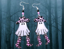 Load image into Gallery viewer, Halloween Ghost Earrings. Cowboy Ghost Earrings. Dangle Boot Earrings. Spooky Funny Earrings. Halloween Jewelry. Ghost Jewelry
