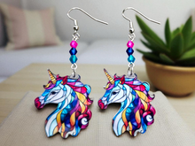 Load image into Gallery viewer, Unicorn Earrings. Unicorn Stained Glass Design Unicorn Jewelry. Fairytale
