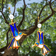 Load image into Gallery viewer, Hummingbird Earrings. Hummingbird Jewelry. Stained Glass Design Earrings. Bird Earrings. Bird Jewelry. Metal Gold or Silver.
