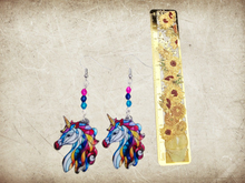 Load image into Gallery viewer, Unicorn Earrings. Unicorn Stained Glass Design Unicorn Jewelry. Fairytale
