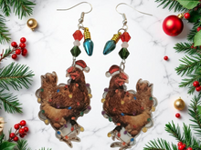 Load image into Gallery viewer, Christmas Chicken Earrings. Chicken Earrings, Christmas Light Earrings, Christmas Chicken Jewelry. Funny Chicken Earrings
