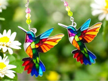 Load image into Gallery viewer, Hummingbird Earrings. Hummingbird Jewelry. Stained Glass Design Earrings. Bird Earrings. Bird Jewelry Sterling Silver Hooks
