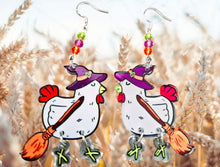 Load image into Gallery viewer, Halloween Chicken Earrings. Halloween Earrings. Chicken Witch Earrings. Chicken Dangle Feet Earrings. Witch Jewelry. Chicken Jewelry
