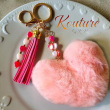 Load image into Gallery viewer, Pink Fluffy Heart Pom Pom Keychain with Tassel &amp; Heart Beads | Kouture by KK
