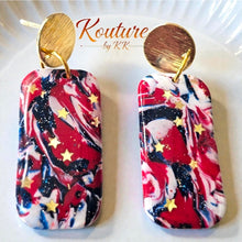 Load image into Gallery viewer, 4th of July Patriotic Stars &amp; Stripes Dangle Earrings. Red, White and Blue Earrings
