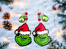 Load image into Gallery viewer, Christmas Green Grinch Earrings. Christmas Green Grump Earrings. Christmas light Earrings Holiday Earrings. Christmas Gifts Christmas Jewelry.

