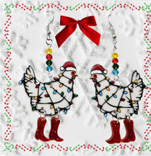 Load image into Gallery viewer, Christmas Chicken Earrings. Chicken Earrings, Christmas Lights Earrings, Christmas Chicken Dangle Boot Jewelry. Funny Chicken Earrings

