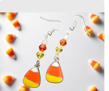 Load image into Gallery viewer, Candy Corn Earrings. Halloween Earrings. Candy Post Earrings. Candy Jewelry. Trick or Treat. Cyrstal Bead Earrings.

