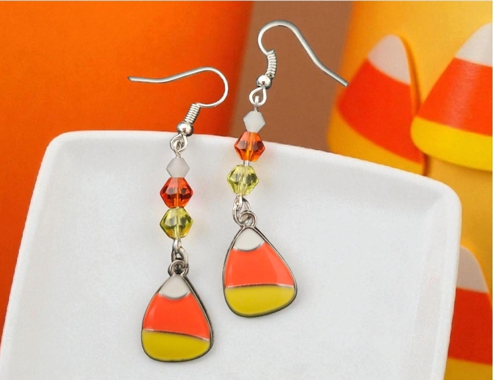 Candy Corn Earrings. Halloween Earrings. Candy Post Earrings. Candy Jewelry. Trick or Treat. Cyrstal Bead Earrings.