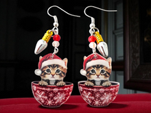 Load image into Gallery viewer, Christmas Earrings. Cat Earrings. Christmas Cat Earrings. Coffee Cup Earrings. Cat Jewelry. Tea Cup Earrings. Christmas Jewelry. Pet Gifts
