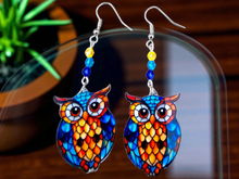 Load image into Gallery viewer, OWL EARRINGS. Barn Owl. Stained Glass Owl Earrings. Art Deco Earrings. Owl Jewelry
