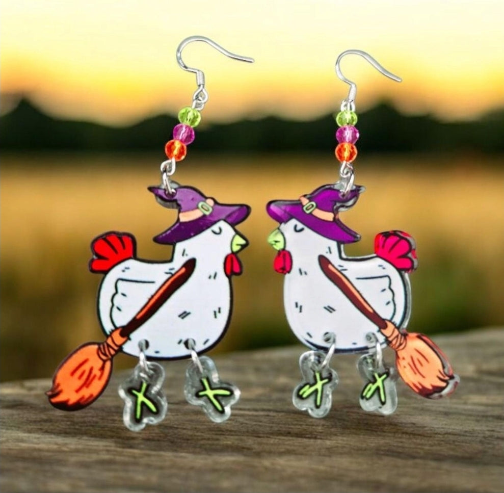 Halloween Chicken Earrings. Halloween Earrings. Chicken Witch Earrings. Chicken Dangle Feet Earrings. Witch Jewelry. Chicken Jewelry