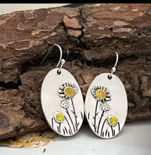 Load image into Gallery viewer, Flower Earrings. Rustic Earrings. Bohemian Metal Flower Earrings. Plant Jewelry. Flower Jewelry. Micron Natural Mineral Yellow Stone.
