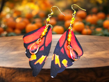 Load image into Gallery viewer, BUTTERFLY EARRINGS. Butterfly Wing Earrings. Orange and Yellow Monarch Butterfly Earrings. Butterfly Jewelry. Cyrstal Bead Earrings.
