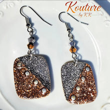 Load image into Gallery viewer, Bronze Silver Rustic Two Tone Square Metal Glitter Earrings. Duo Tone Square Earrings.
