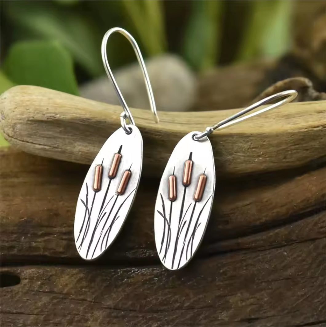 Catstail Earrings. Rustic Bohemian Metal Catstail Metal Earrings.  Plant Jewelry. Flower Jewelry.
